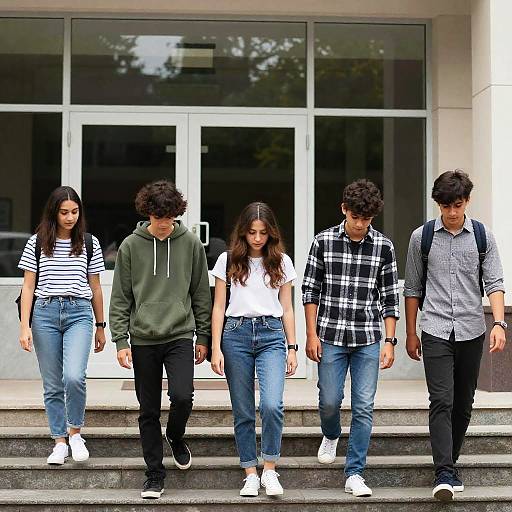 Five Students Walking Up Campus Steps