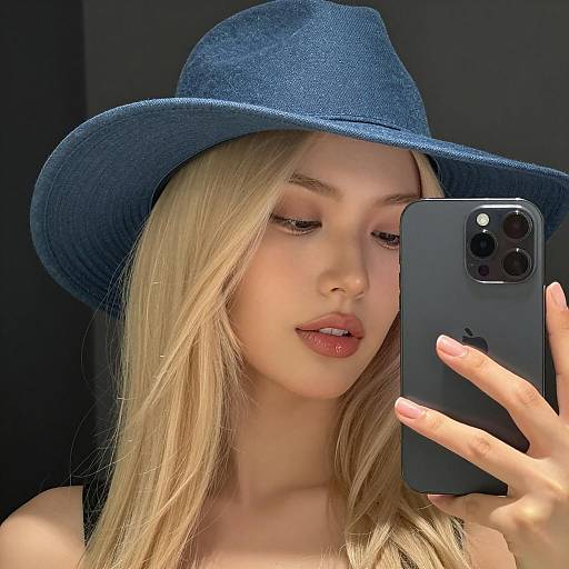 Blonde Woman in Blue Hat Taking Selfie
