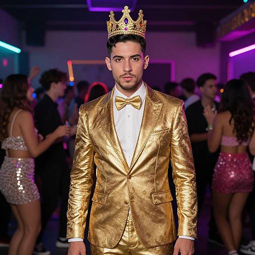 Photograph of a handsome man with dark hair, wearing a gold sequin suit, bow tie, and crown, standing in a vibrant nightclub with women