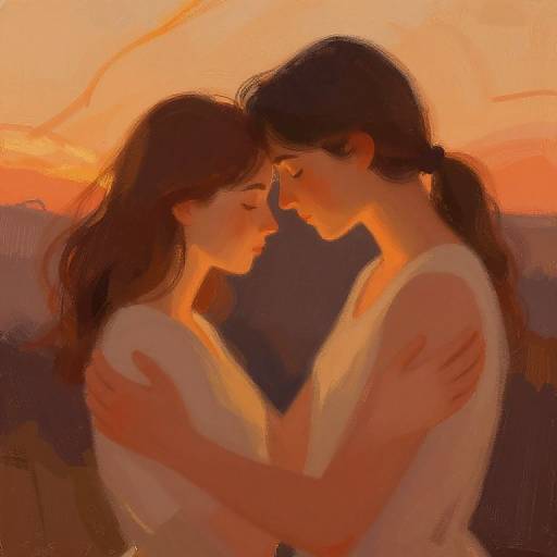 Digital painting of two women with long brown hair, in white tops, facing each other intimately at sunset, holding hands against a warm, orange sky.
