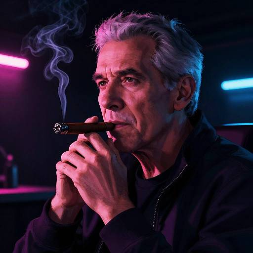 Older Man Smoking Cigar with Neon Lights