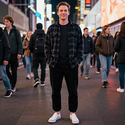Photograph of a smiling man in a black plaid jacket, black shirt, and black pants, standing confidently in a brightly lit urban street at night