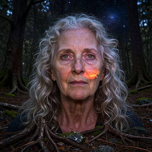 Photograph of an elderly woman with long, curly silver hair, glowing orange face mark, in a dark forest, surrounded by roots.