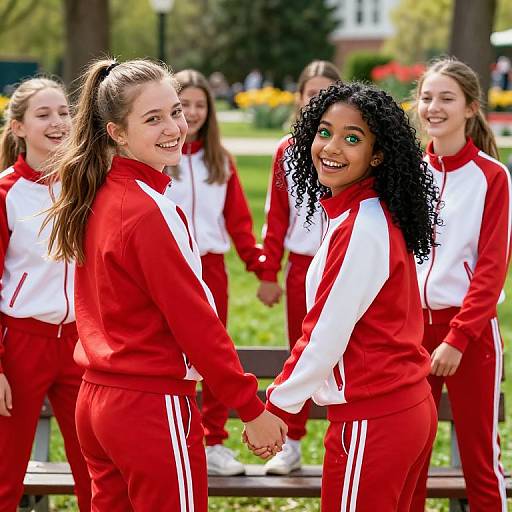 Photograph of five smiling teenage girls holding hands, wearing red and white track suits, standing outdoors on a sunny day.