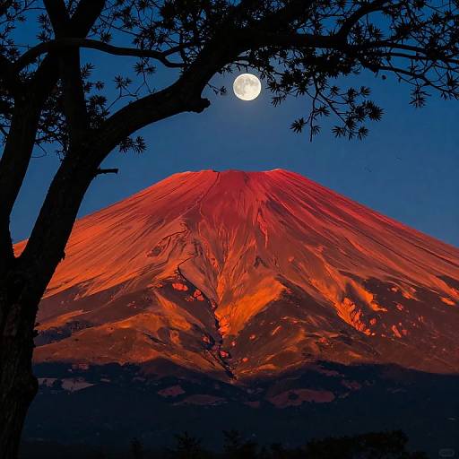 Photograph of a vibrant red volcanic mountain under a full moon, silhouetted by dark tree branches, against a deep blue night sky.