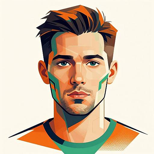 Digital pop art portrait of a handsome man with short brown hair, light stubble, and green shirt, highlighted in orange and green tones.