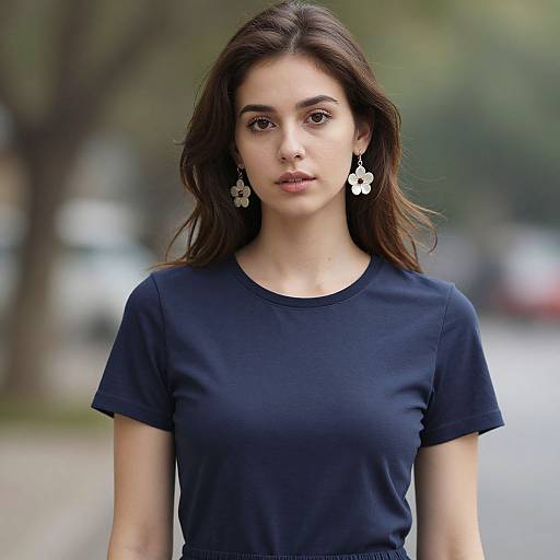 Photograph of a young woman with long brown hair, wearing a navy blue t-shirt, and large floral earrings, standing outdoors with a blurred, green