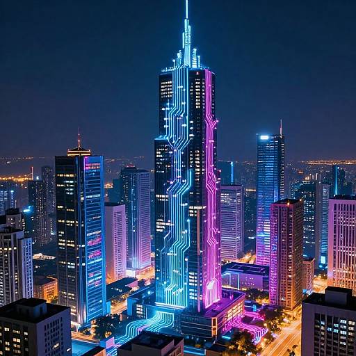 Photograph of a cityscape at night with neon-lit skyscrapers, featuring vibrant blue, pink, and purple LED lights on a central high