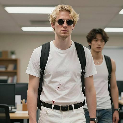 Man with Bloodstained White T-Shirt in Office