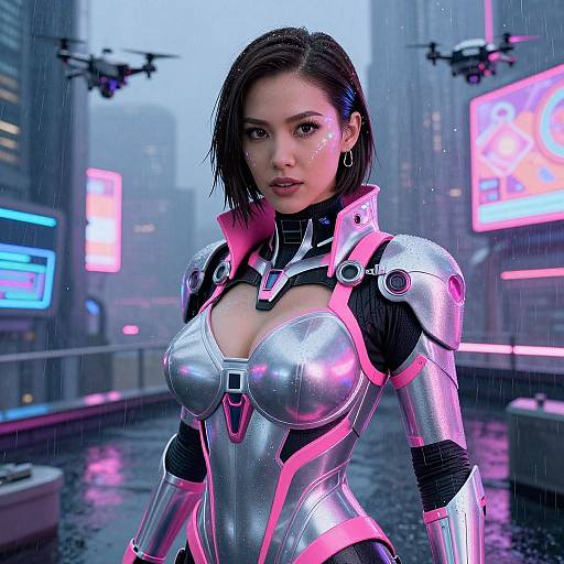CGI cyberpunk image of a fierce Asian woman in a shiny silver and pink futuristic bodysuit, standing in a rainy city street with hovering drones
