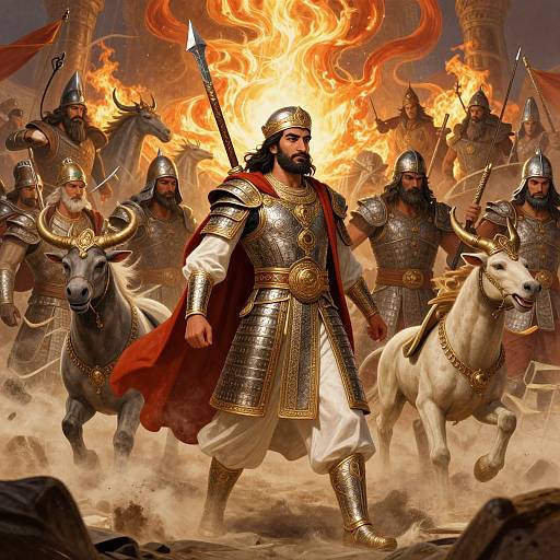 Digital fantasy artwork of a bearded warrior in gold armor and red cape, leading horses and soldiers amidst roaring flames.