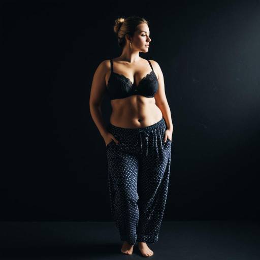 Curvy Woman in Black Lingerie and Pajama Pants