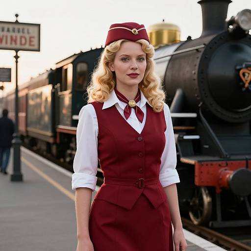 Photograph of a blonde woman with curly hair, wearing a vintage maroon train conductor uniform, standing on a train platform beside a black steam locomotive