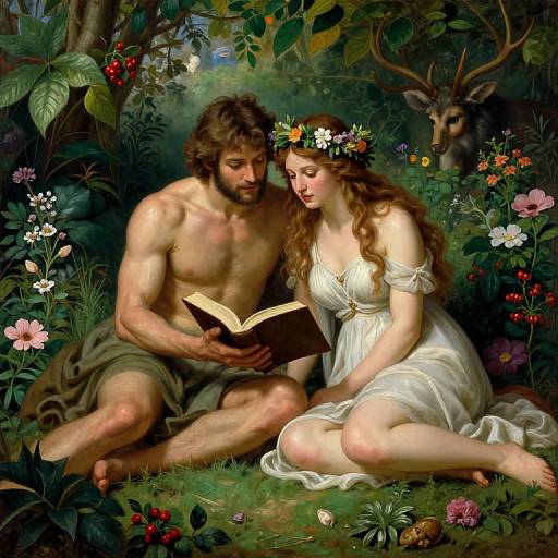 Adam and Eve Reading Bible in Eden
