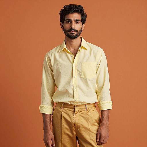 Confident Man in Yellow Shirt and Golden Trousers