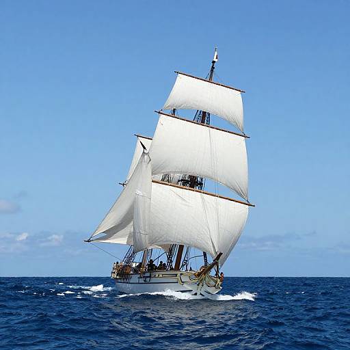 Photograph of a white-sailed, three-mast ship sailing on deep blue ocean under a clear, bright blue sky.