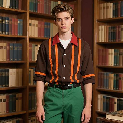 Young man in colorful vintage outfit in bookstore