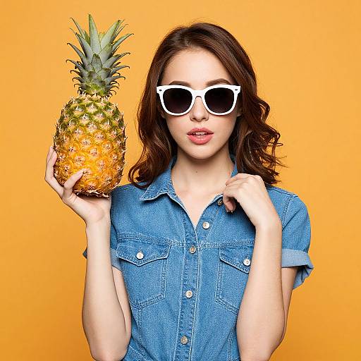Photograph of a woman with wavy brown hair, white sunglasses, blue denim shirt, holding a pineapple against a bright orange background.