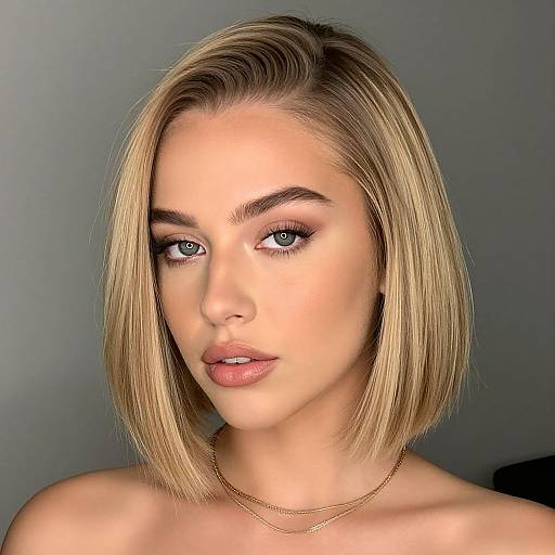 Photograph of a fair-skinned woman with straight, shoulder-length blonde bob, blue eyes, subtle makeup, and gold chain necklace, against a gray