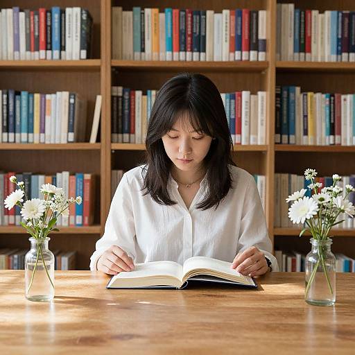 Photograph of an Asian woman with black hair, wearing a white blouse, reading a book at a wooden table with two small flower vases, in