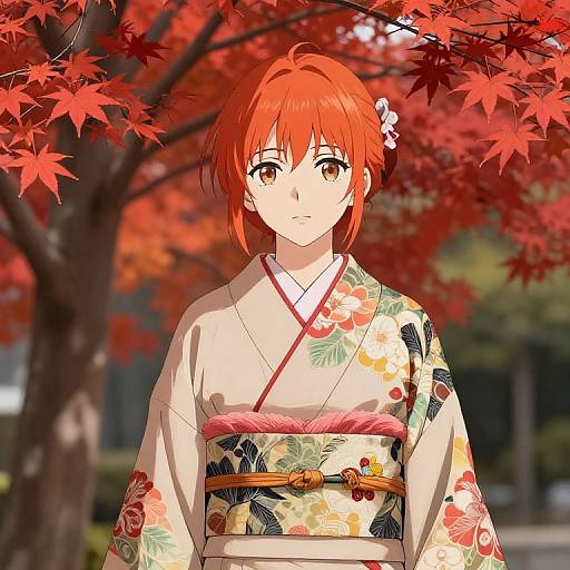Anime-style digital artwork of a red-haired girl in a floral kimono, standing under vibrant red autumn leaves, with a serene expression.
