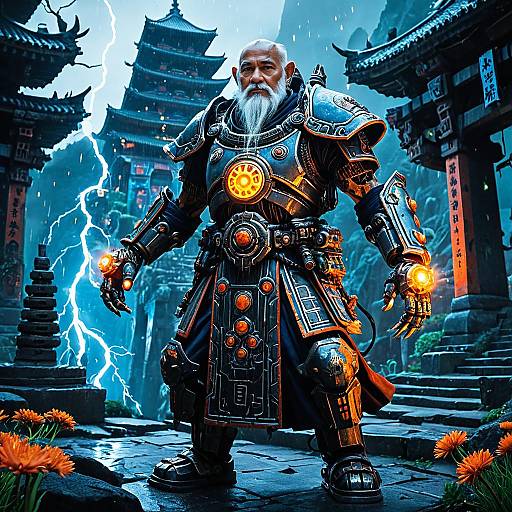 Elderly Cyber Monk in Warhammer-Inspired Armor at Ancient Temple