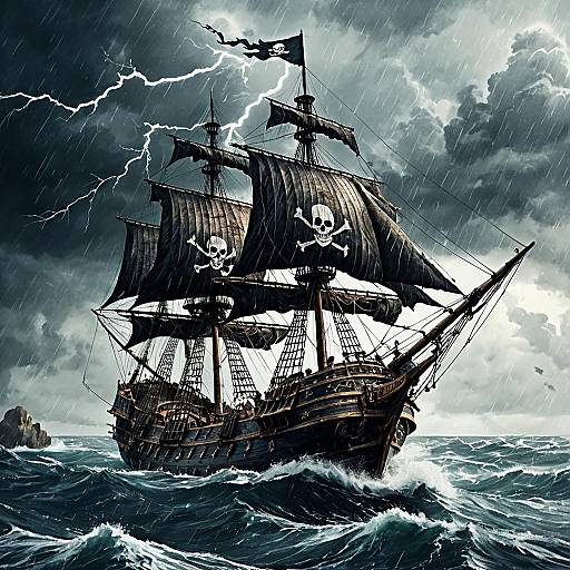 Ancient Pirate Ship in Stormy Sea