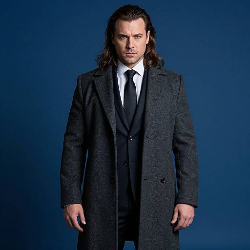 Photograph of a serious man with long brown hair, wearing a black overcoat, white shirt, and black tie, against a solid blue background.