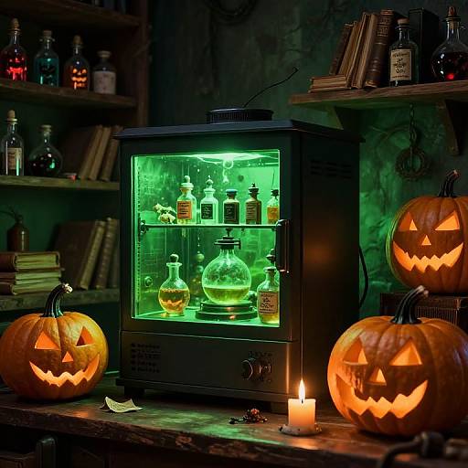 Photograph of a dimly lit, spooky laboratory with glowing green cabinet, illuminated jack-o'-lanterns, candles, and shelves of bottles.