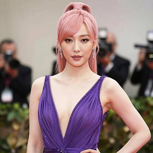 Photograph of a young Asian woman with pink hair in a high ponytail, wearing a deep purple, beaded, plunging gown, standing in