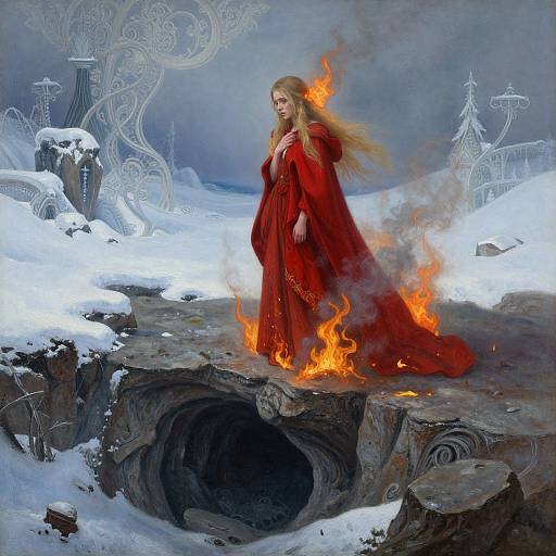 Magical fantasy painting: Blonde woman in fiery red cloak stands on snowy rock ledge, flames surrounding her, snowy ruins and ornate structures in background.