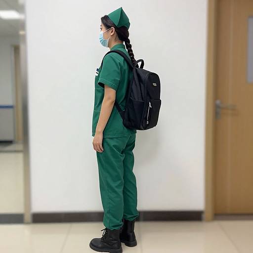 Photograph of an Asian woman in green nurse uniform, mask, cap, black backpack, and shoes, standing in a bright, sterile hallway.