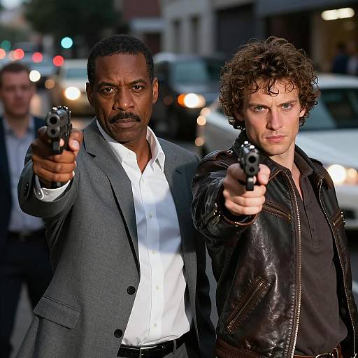 Two men pointing guns in urban setting