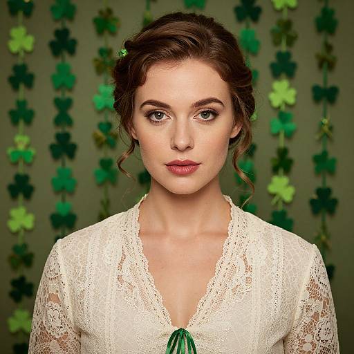 Photograph of a fair-skinned woman with brown hair, wearing a white lace blouse, green ribbon, and green clover-patterned background.
