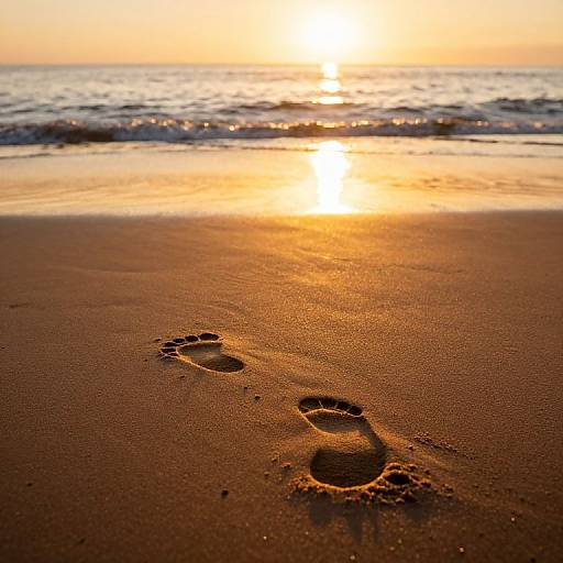 Photograph of a sandy beach at sunset, with golden sunlight reflecting on the water, and three distinct footprints leading towards the horizon.