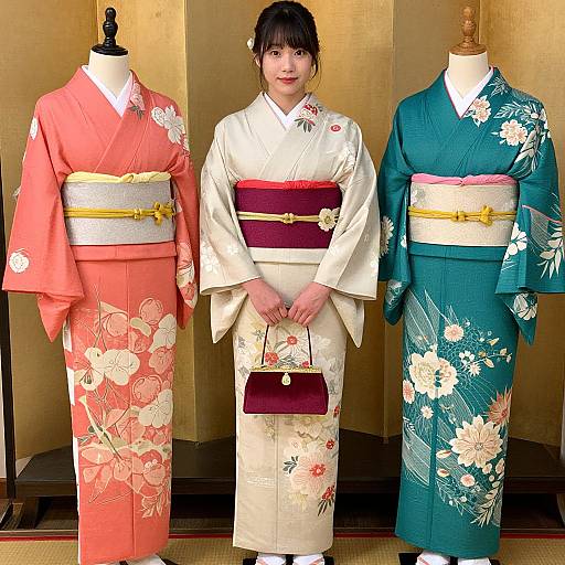 Photograph of three Japanese women in traditional kimonos, standing side by side. They wear red, white, and blue floral kimonos with