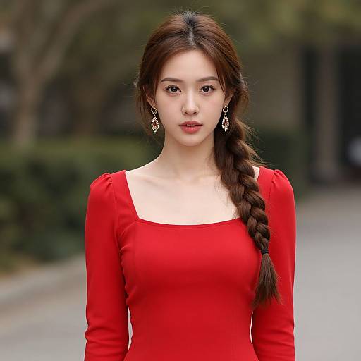 Photograph of an East Asian woman with fair skin, long brown hair in a braid, wearing a vibrant red dress and elegant earrings, standing outdoors