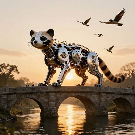 Photograph of a robotic, mechanical cat with metallic gears and wires, standing on a stone bridge at sunset, with birds flying overhead.