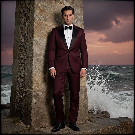 Photograph of a handsome man in a dark burgundy tuxedo, black bow tie, white shirt, standing against a stone pillar by the ocean