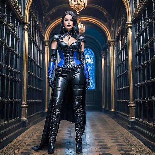 Woman in Gothic Dominatrix Outfit in Mansion Corridor