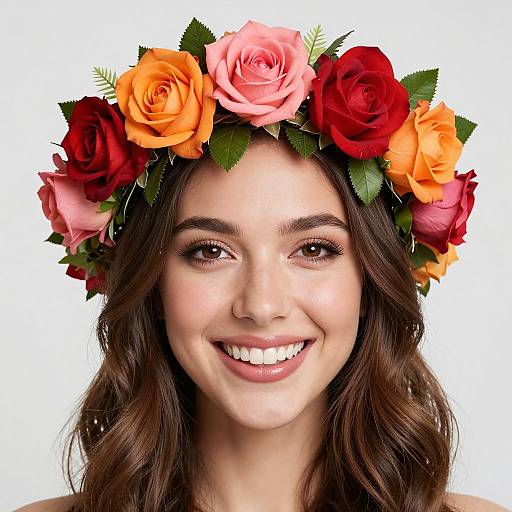 Photograph of a smiling woman with wavy brown hair, wearing a colorful flower crown with red, pink, and orange roses and green leaves, against