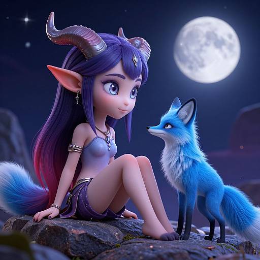 CGI image of a fantasy elf girl with purple hair, horns, and large eyes, sitting on rocks, gazing at a blue fox under a