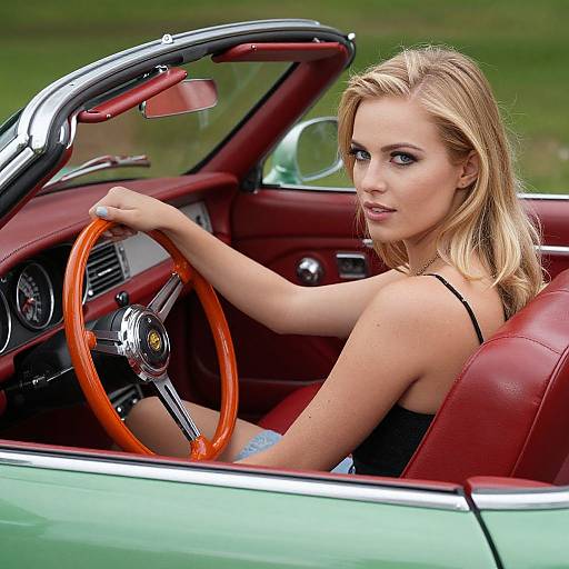 Photograph of a blonde woman with blue eyes, wearing black tank top, seated in a mint-green vintage convertible with red leather interior, holding an orange