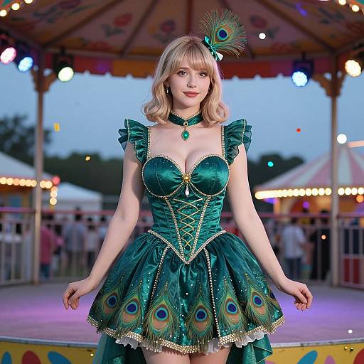 Photograph of a blonde woman with fair skin, in a teal peacock-themed corset dress and feather headpiece, standing under a colorful carnival tent