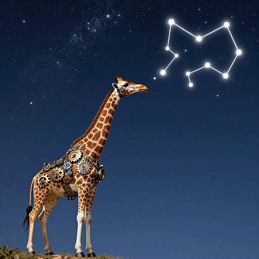 Photograph of a giraffe with intricate black-and-white patterns under a starry night sky, gazing at a bright constellation.