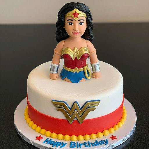 Photograph of a birthday cake with a Wonder Woman figurine on top, wearing her iconic red, gold, and blue costume. The cake has white