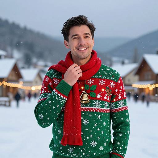 Festive Winter Scene with Smiling Man
