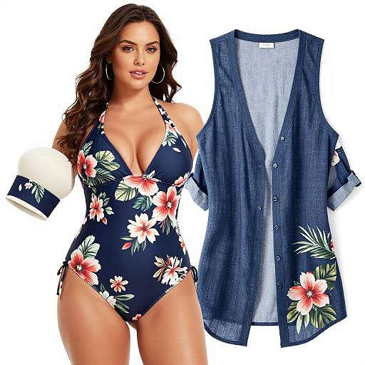 Photograph of a curvy woman with long brown hair in a floral navy one-piece swimsuit, paired with a denim button-up vest.