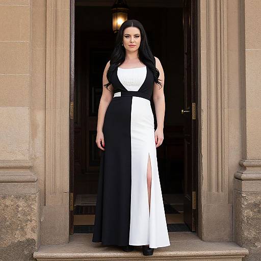 Photograph of a fair-skinned woman with long black hair, wearing a black and white high-low dress, standing in a stone doorway.
