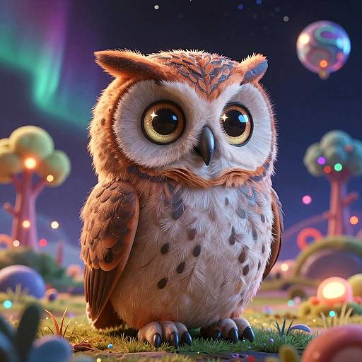 Digital illustration of a cute, wide-eyed, fluffy brown and white owl with large black eyes, standing on grass under a colorful night sky with auroras